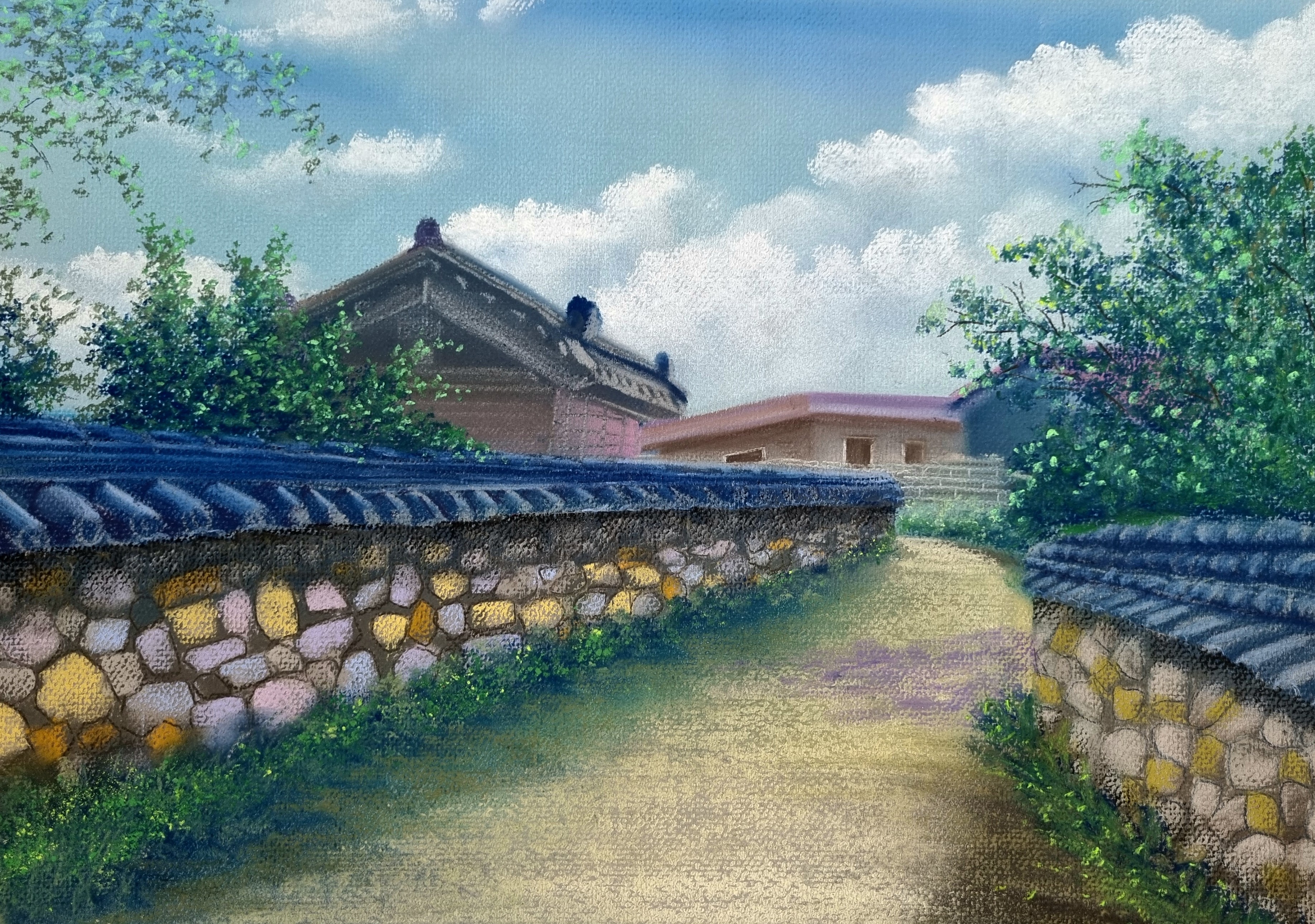 장덕갤러리 전시 첨부이미지 : 박형숙 구름이 놀러온 돌담길 종이에 파스텔 36x56cm.jpg 
