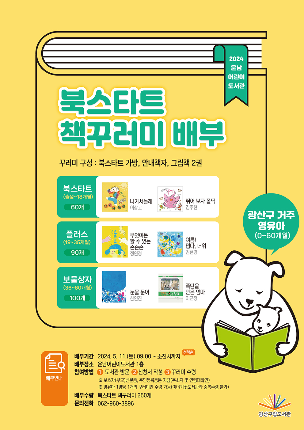 2024 운남어린이 도서관<br/>북스타트 책꾸러미 배부<br/>꾸러미 구성 : 북스타트 가방, 안내책자, 그림책 2권<br/>북스타트(출생~18개월) 60개 나가서놀래 이상교 뛰어보자 폴짝 김주현<br/>플러스(19~35개월) 90개 무엇이든 할 수 있는 손손손 정연경 여름! 덥다, 더워 김현경<br/>보물상자(36~60개월) 100개 눈물 문어 한연진 폭탄을 안은 엄마 이근정<br/>광산구 거주 영유아 (0~60개월)<br/>배부기간 2024. 5. 11.(토) 09:00~소진시까지(선착순)<br/>배부장소 운남어린이도서관 1층<br/>참여방법 1도서관방문2신청서작성3꾸러미수령<br/>※보호자(부모)신분증, 주민등록등본 지참(주소지 및 연령대확인)<br/>※영유아 1명당 1개의 꾸러미만 수령 가능(이야기꽃도서관과 중복수령 불가)<br/>배부수량 북스타트 책꾸러미 250개<br/>문의전화 062-960-3896